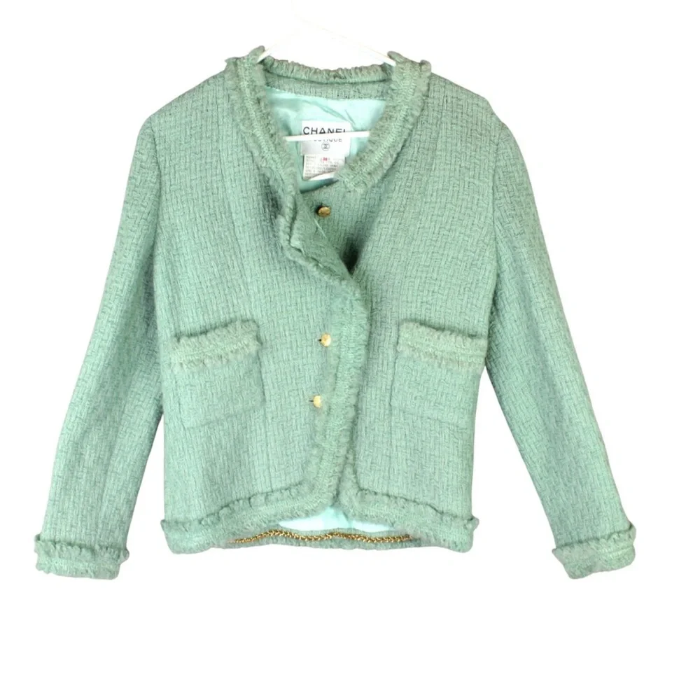 Chanel Boutique Skirt Suit Set Tweed Size 38 Jade Green 100% Wool Pocket